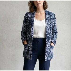 Old Navy Womens XXL Blue White Tropical Palm Print Linen Blend Blazer Jacket